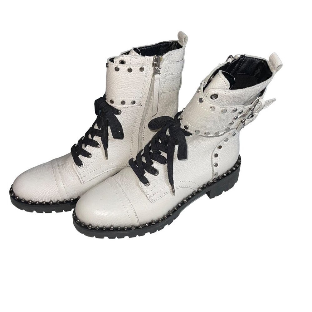 Sam Edelman Womens Jennifer Combat Boots Size 7 White Leather Textured Studded